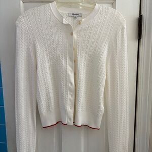 Madewell White Pointelle Cardigan with Red Trim, Size M